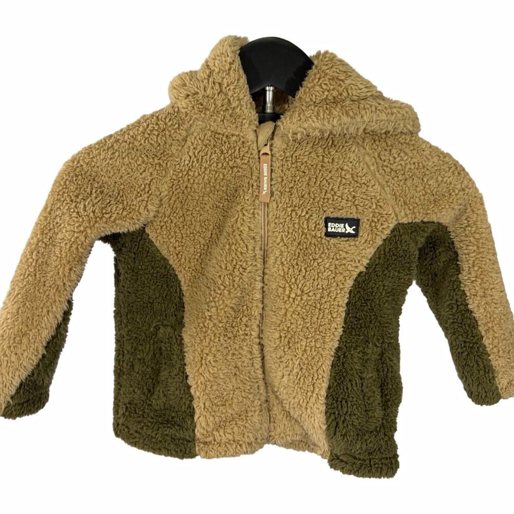 Eddie Bauer Kids Hooded Full Zip Fleece Jacket 3T Beige/Green Colorblock